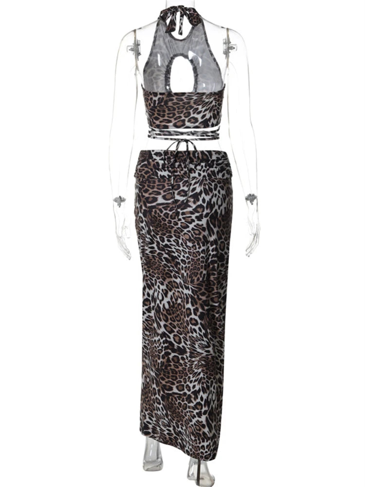 LIZAKOSHT  -  Summer Leopard Print 2 Two Piece Sets Beach Outfits Women 2024 Sexy Halter Bandage Backless Crop Top And Long Skirt Sets