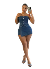 LIZAKOSHT  -  Stretch Denim Short Two Piece Set for Women Summer Sexy Button Strapless Tube Crop Top + Culottes Shorts Skinny Streetwear Suits