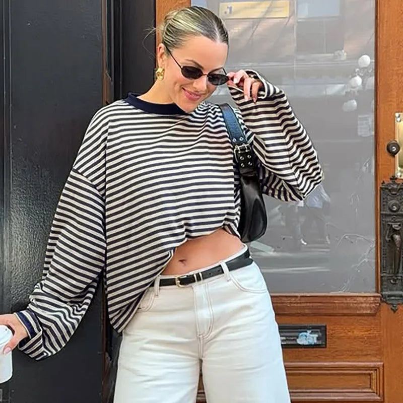 LIZAKOSHT  -  Casual Striped T-shirts for Women 2025 Autumn O-neck Long Sleeve Loose Tops Tees Female Contrast Color T Shirt Streetwear