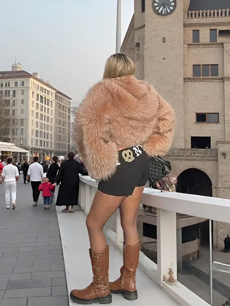 LIZAKOSHT  -  Women Solid Faux Fur Short Coat Elegant Long Sleeve Fluffy Loose Cropped Jacket Lady New Winter Warm High Street Outerwear 2025