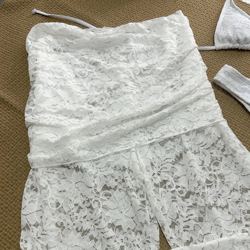 LIZAKOSHT  -  3 Pieces Micro Bikini Set Bikini Female Swimwear Halter Neck Bikini Bathing Suit Beachwear Women White Full Embroidery Pants