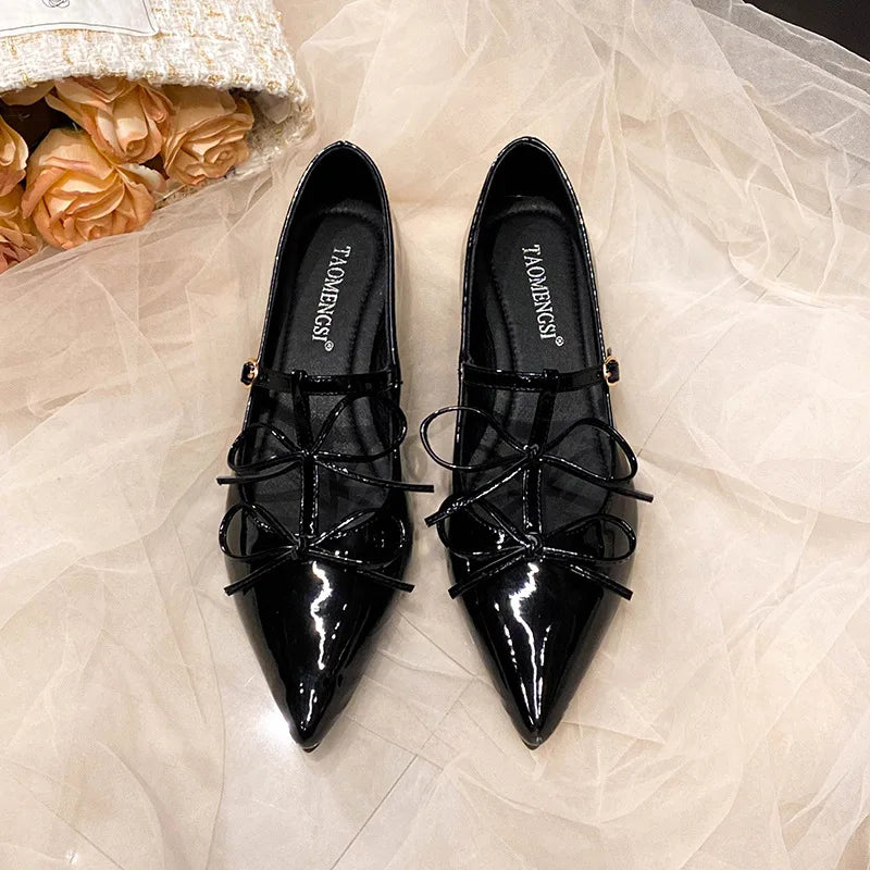 LIZAKOSHT  -  sexy T-strap flats women double bowtie ankle strap party shoes woman pointed toe cutout mary janes japanned leather loafers