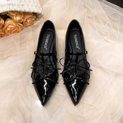 LIZAKOSHT  -  sexy T-strap flats women double bowtie ankle strap party shoes woman pointed toe cutout mary janes japanned leather loafers