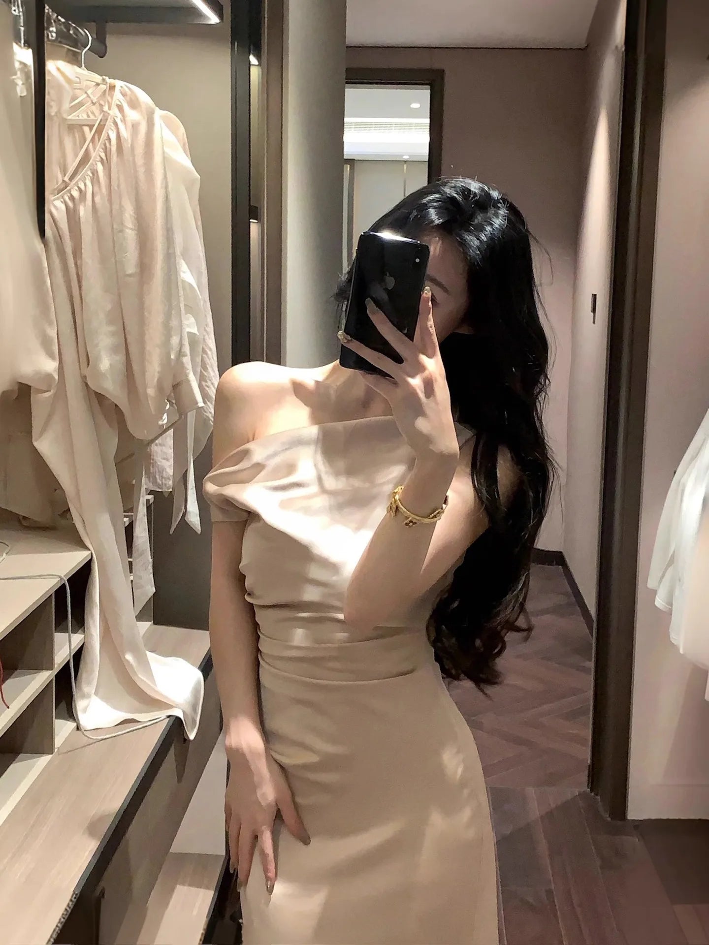 LIZAKOSHT  -  French Temperament Satin Dress New Summer Oblique Shoulder Sling Collar Fishtail Skirt for Women