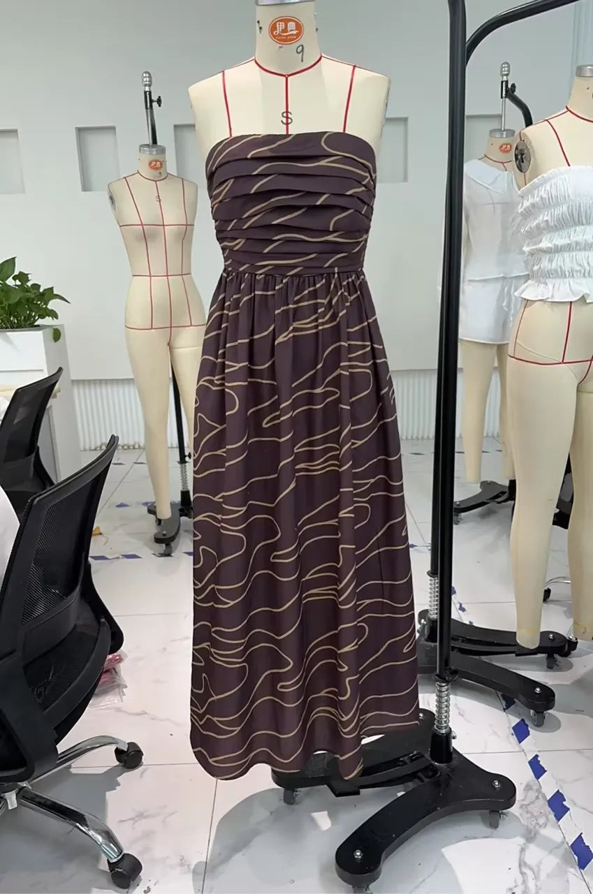 LIZAKOSHT  -  Women Strapless Dress Summer Abstract Print Ruched A-Line Dress for Cocktail Party Beach Streetwear Aesthetic Clothes