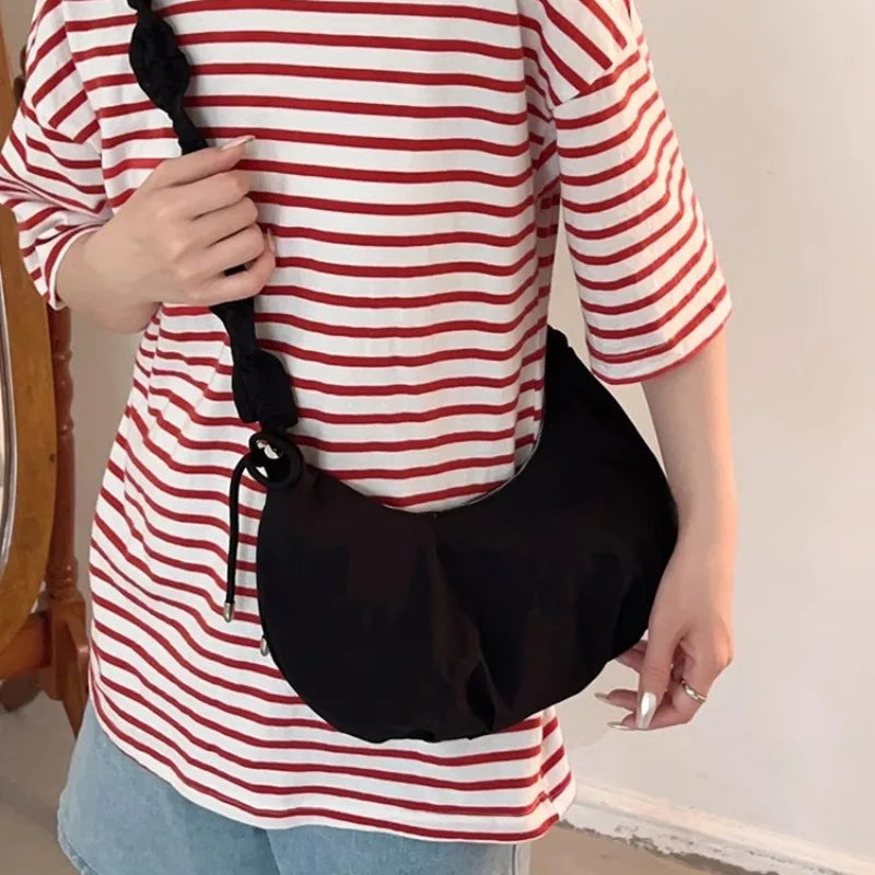 LIZAKOSHT  -  Pink Fashion Womens Shoulder Bag Pleated Korean Style Solid Color Nylon Casual Hobos Bag Sweet Elegant Advanced Handbag