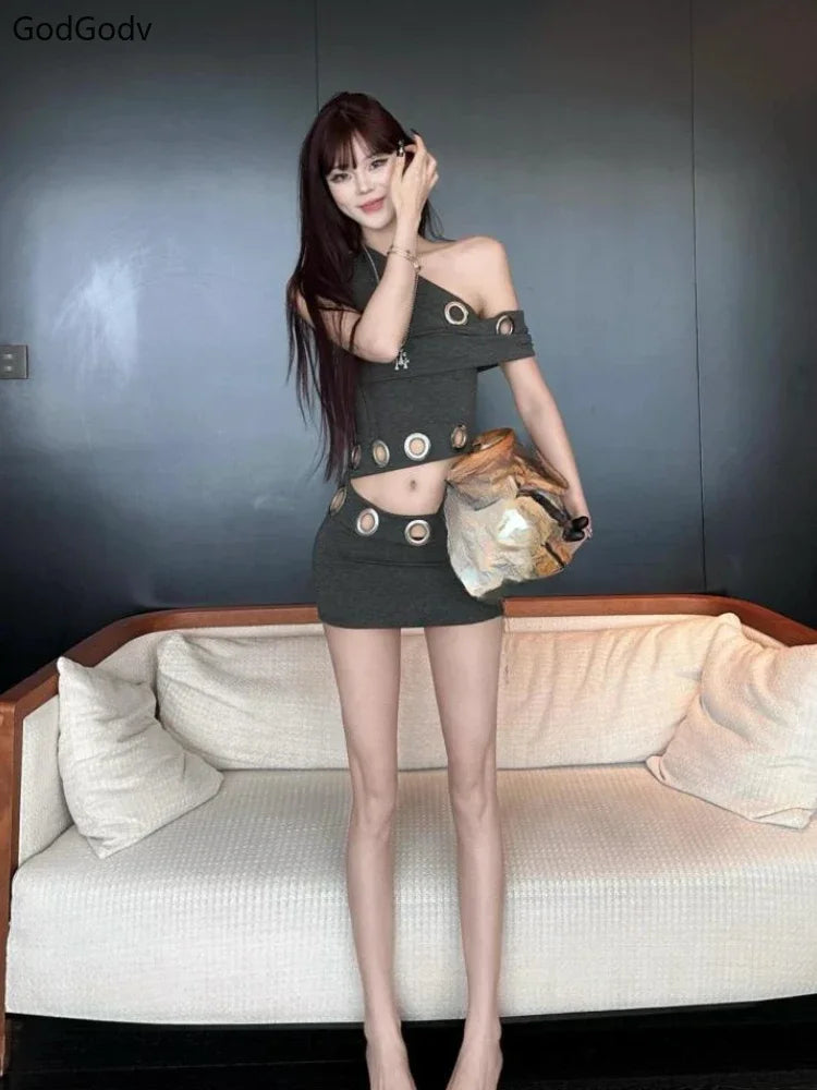 LIZAKOSHT  -  Summer Y2K Vintage Fake 2 Piece Sets Women Off Shoulder Sexy Hollow Out Crop High Waist Bodycon Mini Dress Party Outfits 2025