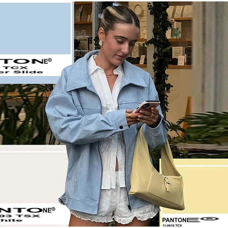 LIZAKOSHT  -  Lapel Long Sleeves Zipper Jacket Woman Straight Solid Color Casual Autumn Winter Coats Retro Street Fashion Women's New Jackets