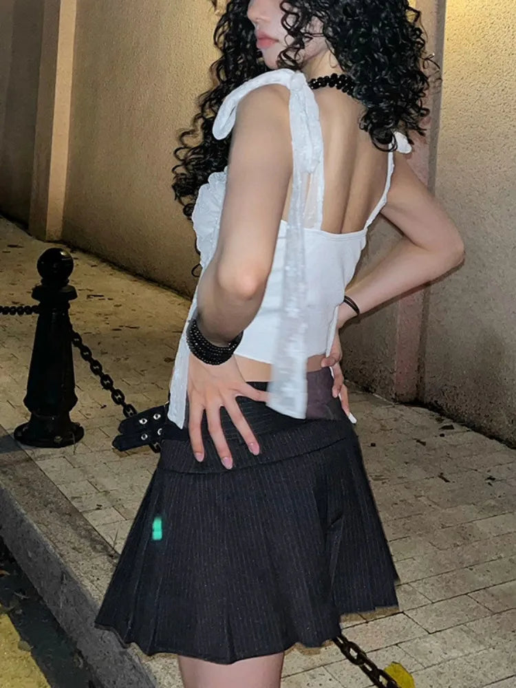 LIZAKOSHT  -  Y2k Aesthetics Lace Patchwork Tank Tops Sweet Bandage Harajuku Crop Vest Streetwear 3D Flower Slim Fit Grunge White E-girl Tanks