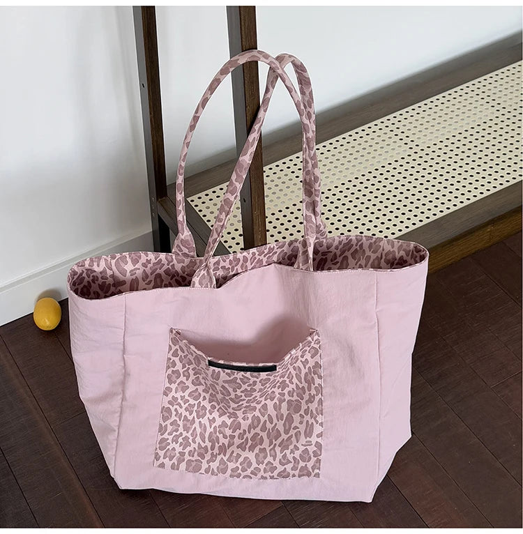 LIZAKOSHT  -  Women's Pink Leopard Print Shoulder Bag Large Capacity Casual Tote Simple Double Sided Use For Work Commuting