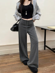 LIZAKOSHT  -  Harajuku Striped Women Pants Fall Winter Loose Casual Streetwear Wide Leg Trouser Female Retro Lace Up Straight High Waist Pants