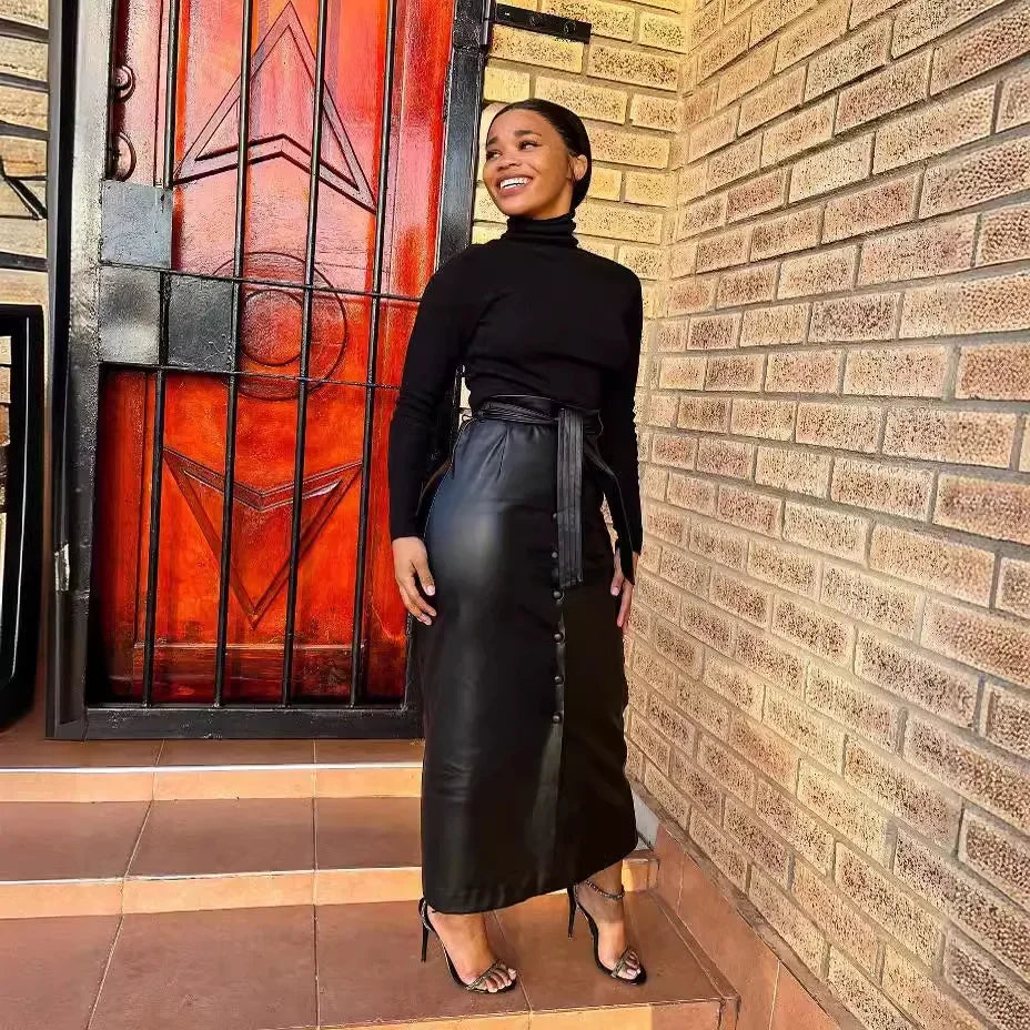 LIZAKOSHT  -  New Women's Autumn and Winter Mid Length Skirt, Black PU Leather Bag Hip Skirt, Button Slit Half Body Leather Skirt with Belt