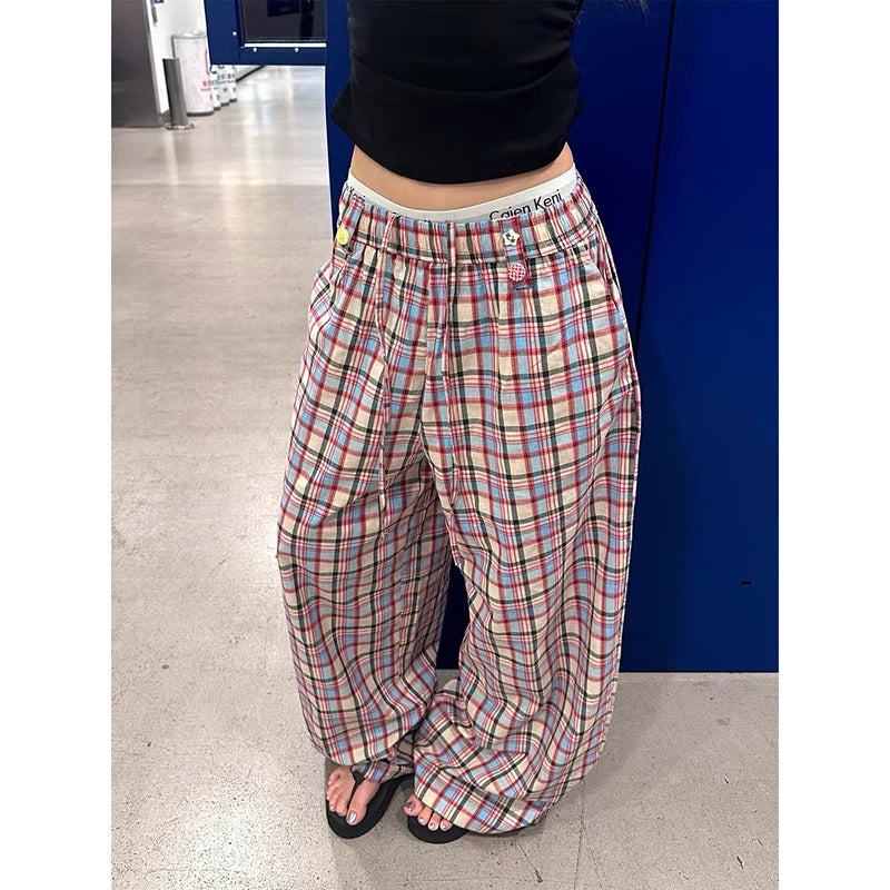 LIZAKOSHT  -   Women's Baggy Pants Oversize Sweatpants Plaid Long Pants Harajuku Japanese 2000s Style Y2k Vintage Trousers Clothes