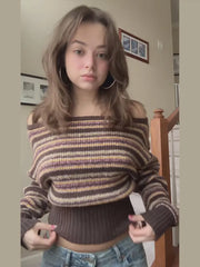 LIZAKOSHT  -  Women's Striped Off-Shoulder Cropped Knit Sweater Full Sleeve Waist Cinching Top 2026 Spring Autumn Female Daily Casual Outings