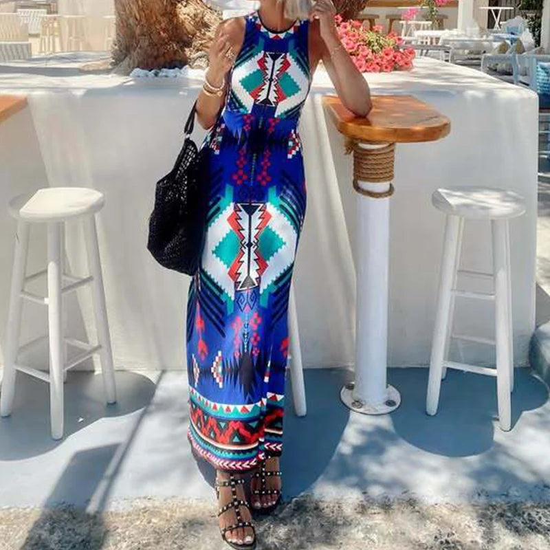 LIZAKOSHT  -  Elegant O-neck Sleeveless Bohemian Dress Women Fashion Waist Long Party Dresses 2025 Summer Vintage Pattern Printed Beach Dress