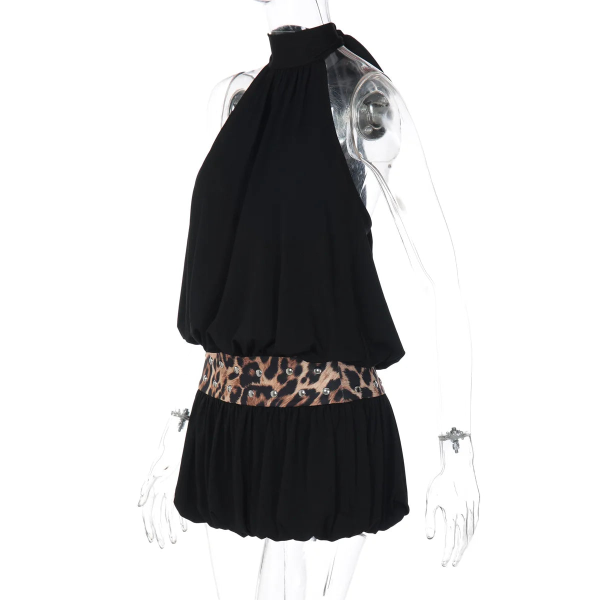 LIZAKOSHT  -  Sexy Halter Neck Leopard Tunics Mini Vacation Dress Streetwear Women Chic Hollow Out Backless Short Evening Party Dresses