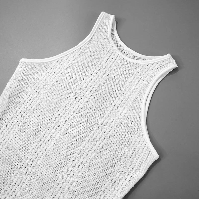 LIZAKOSHT  -  Street Wear White Knitted Round Collar Sleeveless Summer Irregular Hem Midi Dress See Through Bodycon Holiday Beach Dresses