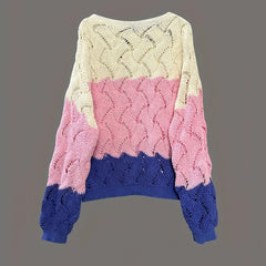 LIZAKOSHT  -  Autumn Elegant O-neck Pullover Sweaters Fashion Color Splicing Hot Sale Knitted Top Winter Women Casual Long Sleeve Loose Jumper
