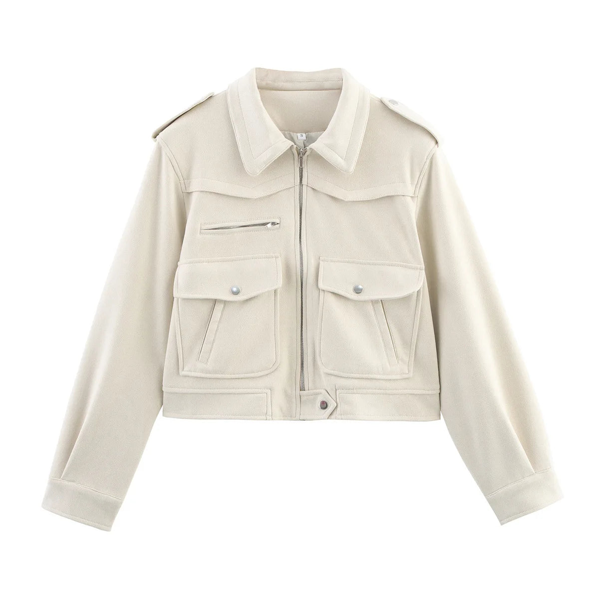 LIZAKOSHT  -  Chic Fashion 2025 Autumn Temperament Jacket Beige Streetwear Women Outwear Zipper High Street Casual Turn-down Collar Pockets