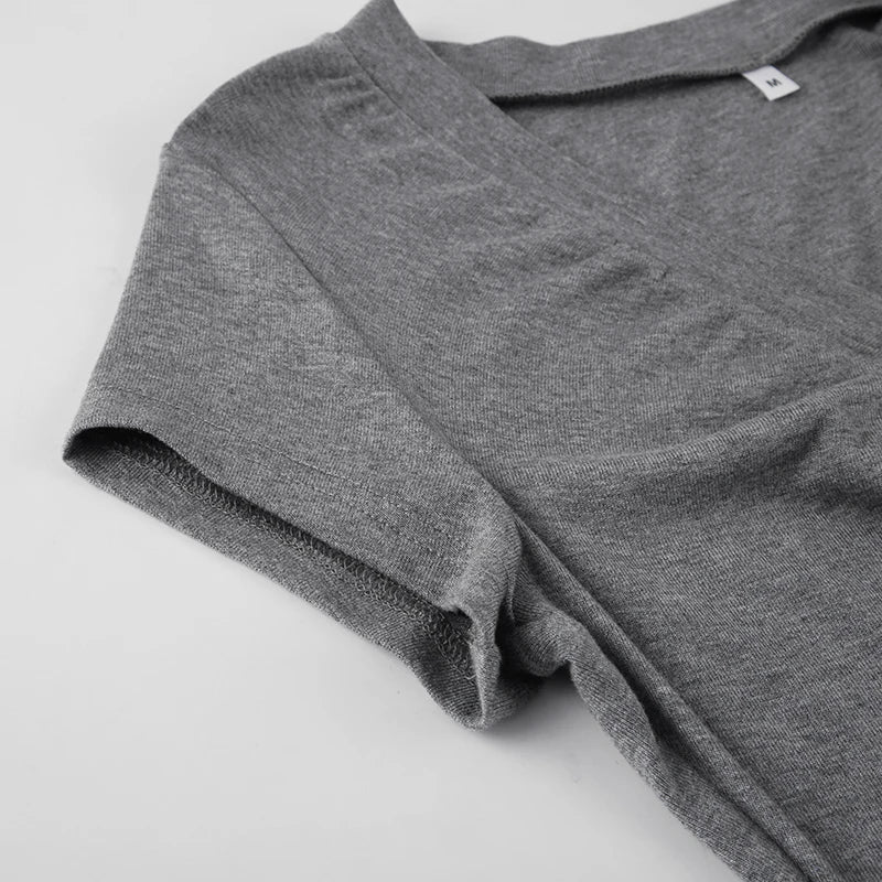 LIZAKOSHT  -  Casual Grey V-neck Crop Top Women Basic Skinny Short Sleeve Knitted T-shirts for Summer y2k Vintage Harajuku Tees Retro