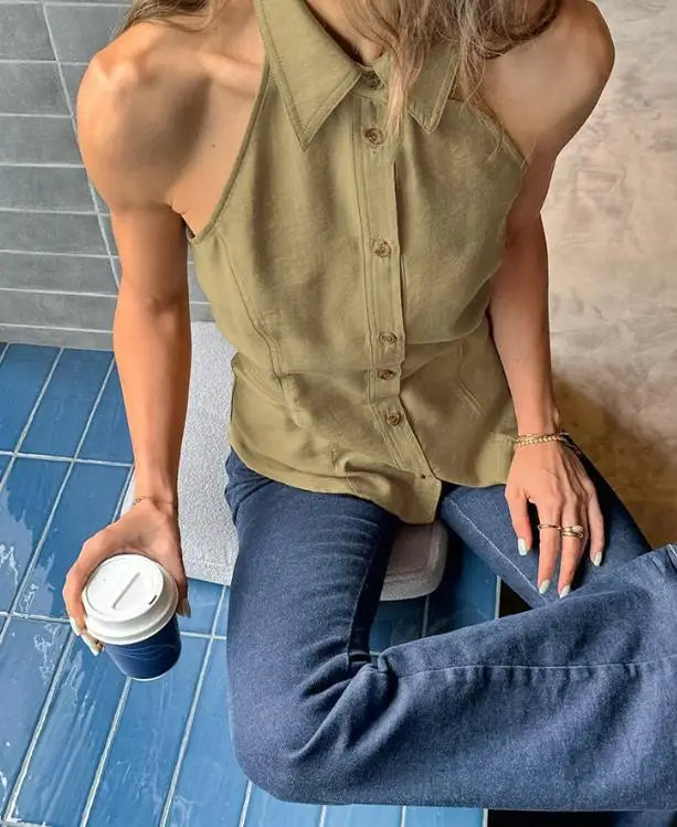 LIZAKOSHT  -  Women's Army Green Lapel Halter Sleeveless Button Front Shirt Elegant Waist Cinched Slim Casual Daily Blouse Streetwear Top