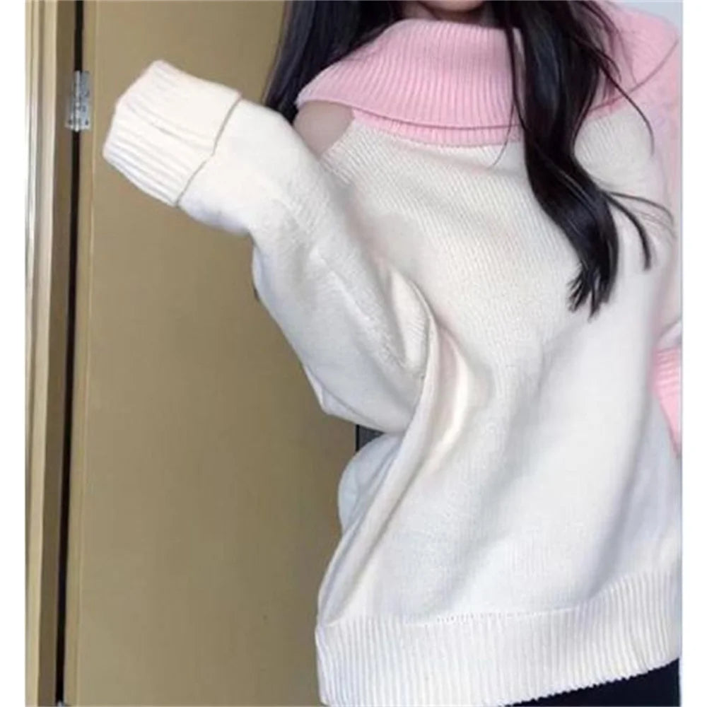  LIZAKOSHT  -  Off Shoulder Knit Sweater Women Sweet Slash Neck Long Sleeve Pink Patchwork Knitted Pullovers Loose Casual Korean Style Sweaters
