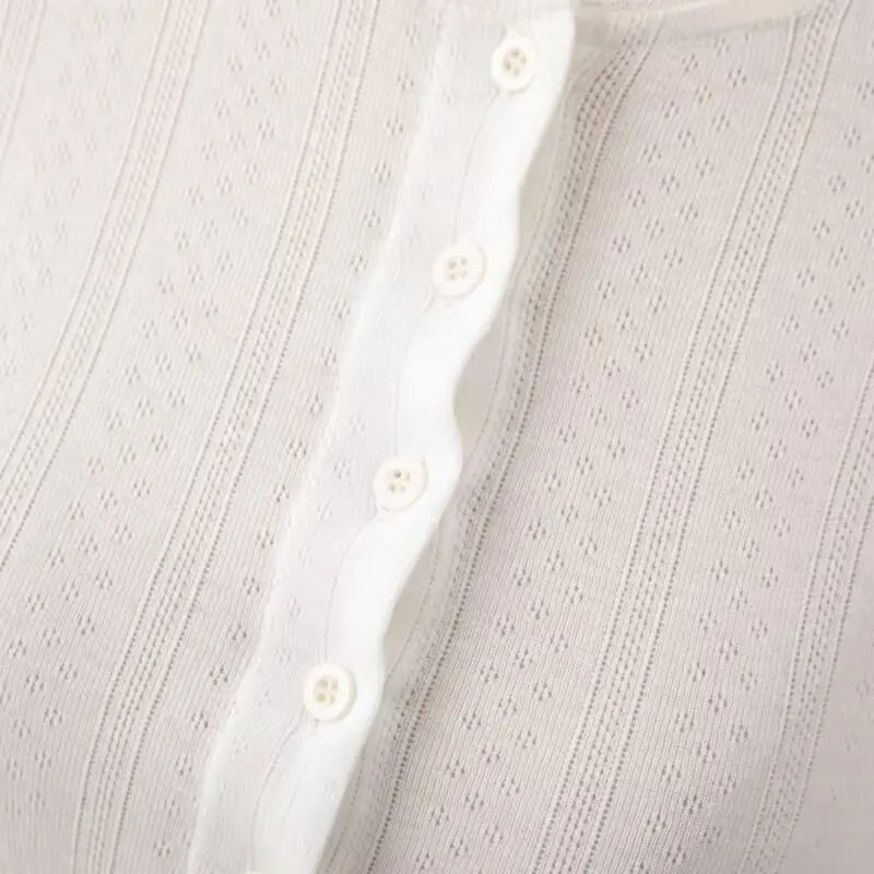 LIZAKOSHT  -  Early Autumn Short Hollow out Lace Trim Long Sleeve round Neck Single Button Open Cardigan Women's T-shirt Cotton Blend