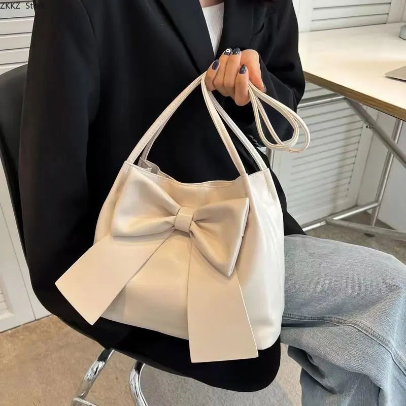 LIZAKOSHT  -  Large Capacity PU Leather Women's Shoulder Bag Fashion Portable Tote Bag New Commuter Bow Bag Solid Color Handbag