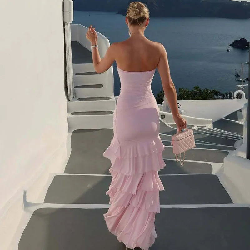 LIZAKOSHT  -  Ruffled Fashion Bandeau Maxi Dress For Women High Waist Slim Backless Patchwork Summer New Dress Female Bodycon Dress