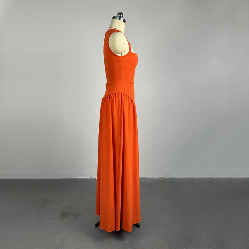 LIZAKOSHT  -  Women O Neck Summer Sleevelss Cut Out Low Waist Elegant Holiday Party Pleated A Line Sundress Chic Elastic Femme Maxi Robe