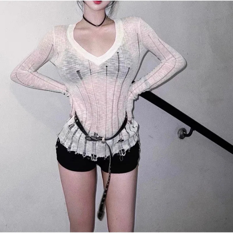 LIZAKOSHT  -  Coquett Y2K Women's Knit Sweater Hollow Out Knitwear V Neck Pullovers Spring See Through Jumper Harajuku Fashion Grunge