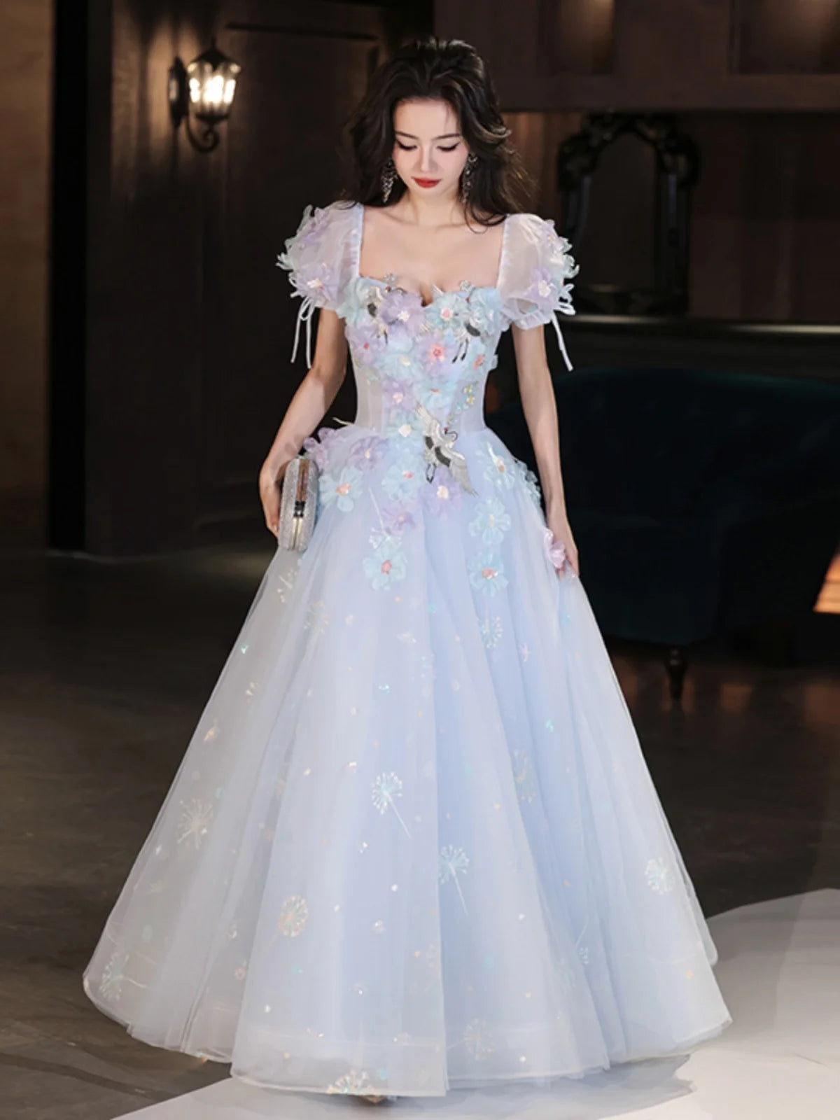 French Style Blue Flower Princess Evening Dress Women Puff Sleeves Appliques Bandage Ball Dresses Exquisite Sweet Birthday Gown