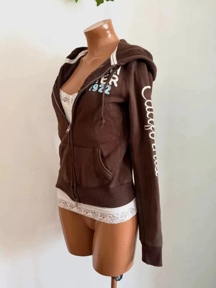 LIZAKOSHT  -  Y2k Aesthetic Letter Embroidery Vintage Coats Streetwear Women Casual Hooded Autumn Jackets Harajuku Pocket Grunge Casual Jacket