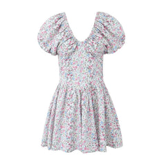 LIZAKOSHT  -  Vintage Puff Sleeve Floral Print Dresses Women V Neck Slim Short Holiday Summer Dress Sweet Robe