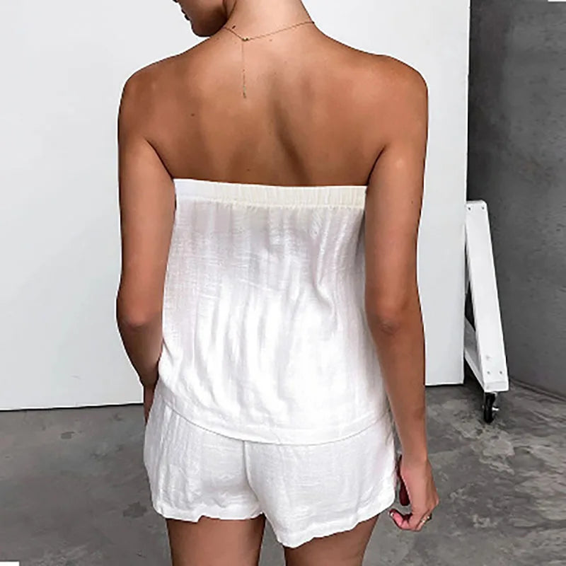 LIZAKOSHT  -  Tube Tops Blouse Tops&Elastic Waist Shorts Set All Match New One Shoulder Fashionable Outfit Summer Solid 2Pcs Suit Women