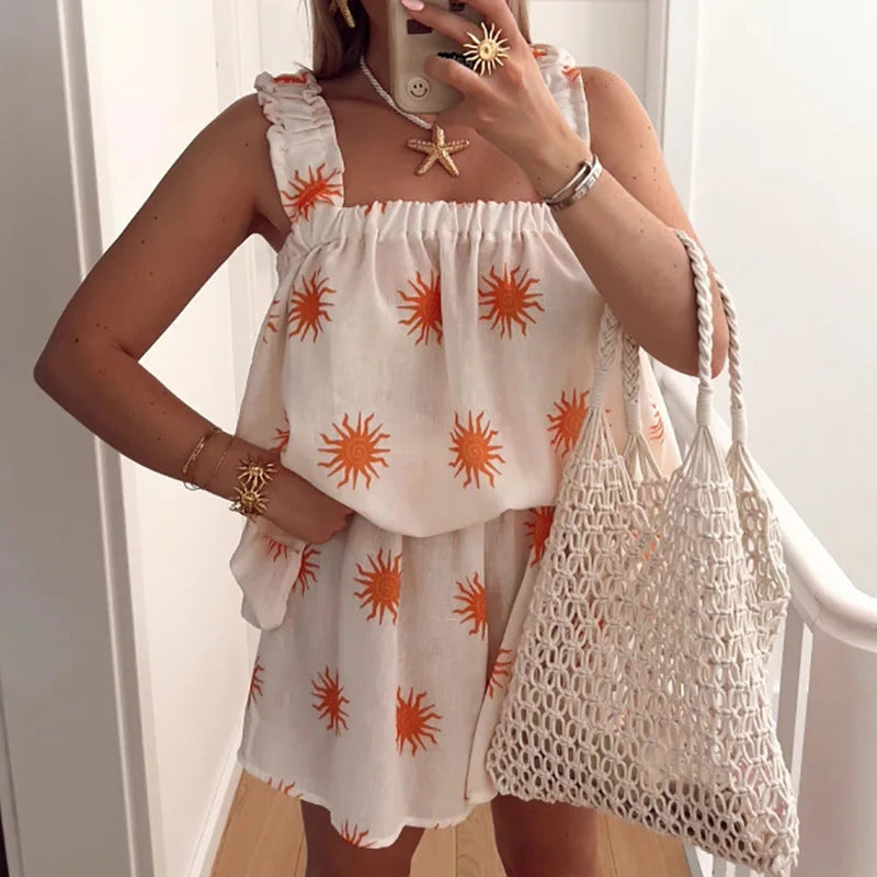 LIZAKOSHT  -  Spring Print Two Piece Set Women Sexy Square Collar Backless Tie-up Top+Short Outfit Summer Sleeveless Hollow Holiday Beach Suit