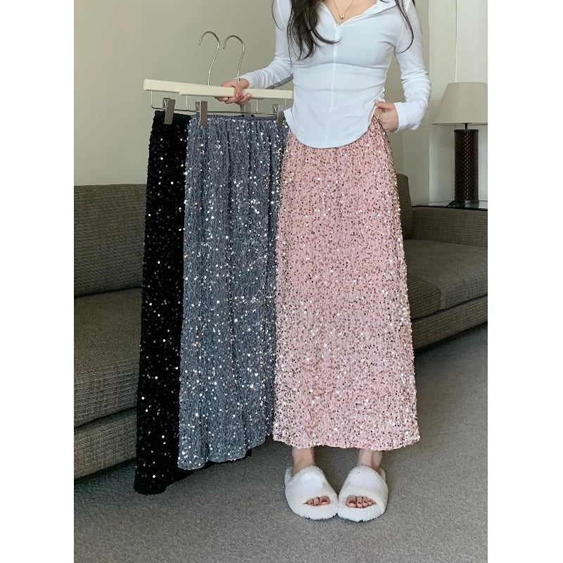 LIZAKOSHT  -  Spring Straight Back Split Pink Sequin Skirt Women A Line Vintage Wrap Hip Midi Faldas Jupe  s Long Y2k