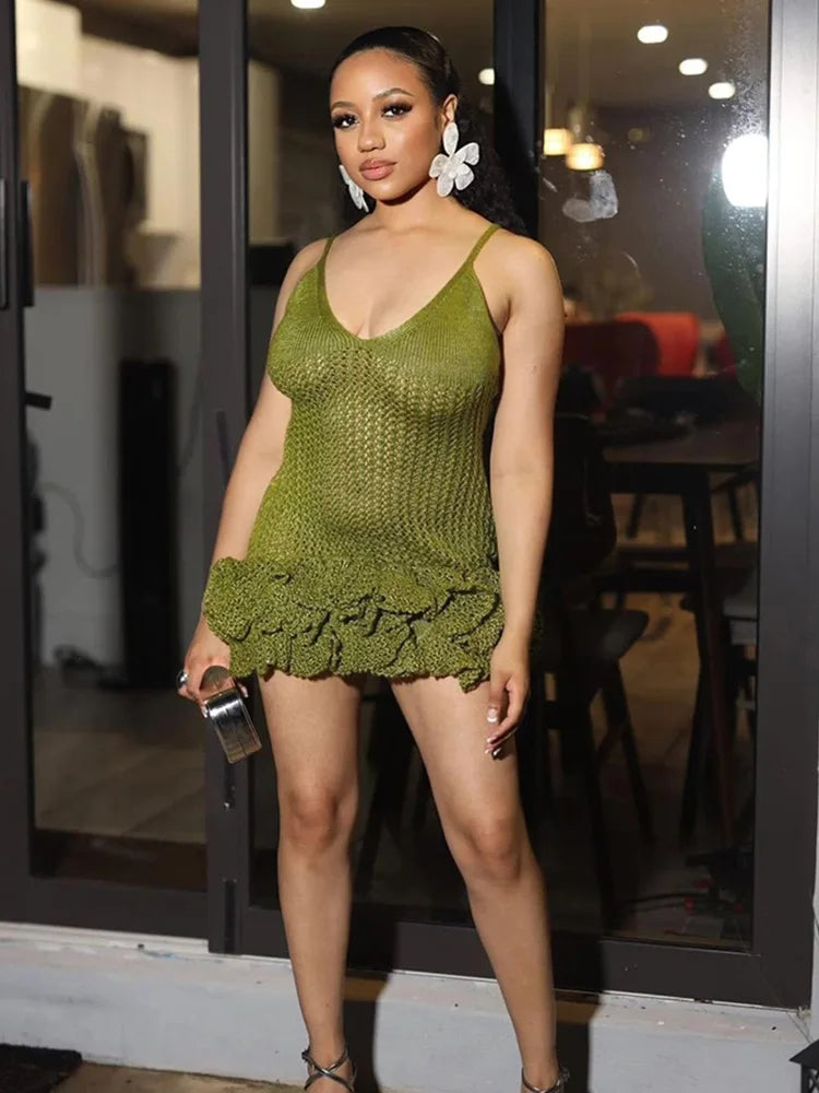 LIZAKOSHT  -  Fashion Women Green Pleated Knited Mini Dress Sexy Hollow Out Sleeveless Bodycon Dresses Summer Vocation Beach Casual Wear