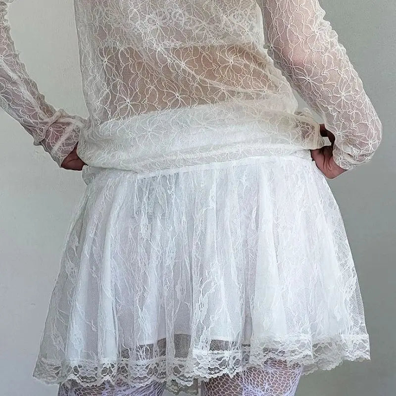 LIZAKOSHT  -  Mini Skirts Solid Patchwork Lace A-Line Pleated Skirts Basic Mid-Waisted Sweet Women Summer Fashion Streetwear Lady
