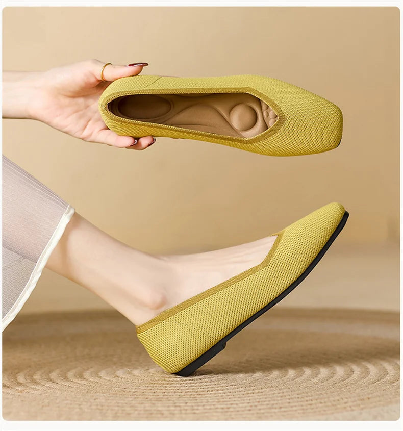 LIZAKOSHT  -  Women Spring Summer Comfort Fashion Knitting Fly Line Flat Shoes Luxury Shallow Mouth Square Toe Soft Sole Single Shoes