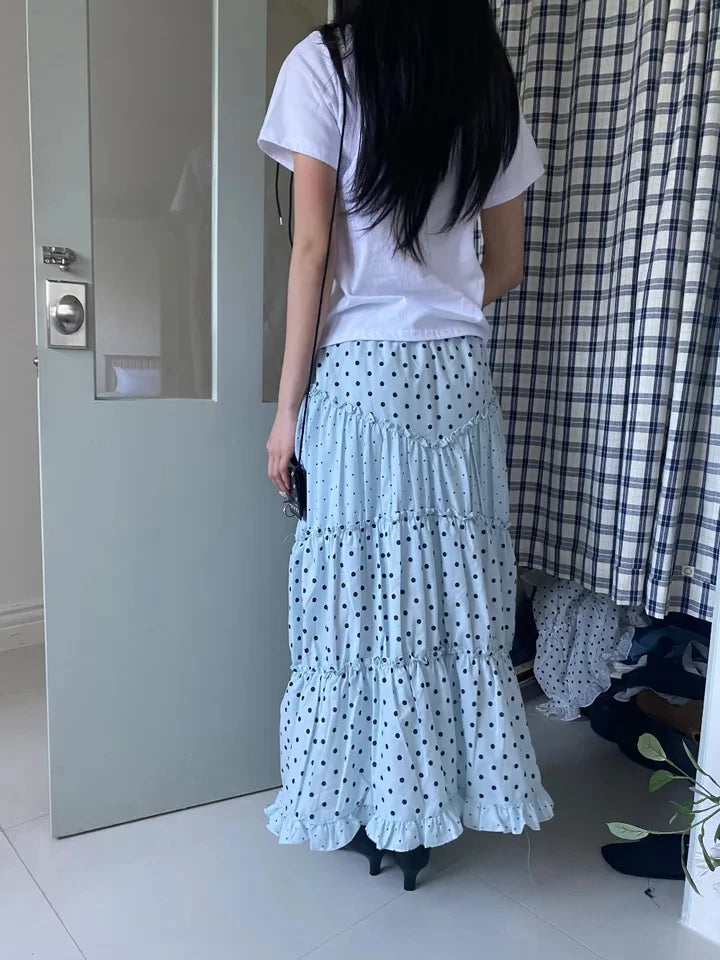 LIZAKOSHT  -  Mint Green Polka Dot Half Skirt with Lace Splicing Retro  Style Korean Waist Design Polyester Fabric H-Shape Long Skirt
