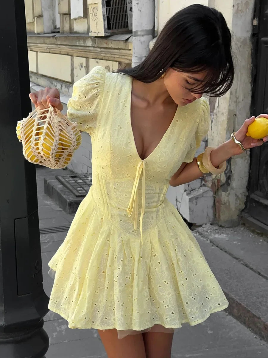 LIZAKOSHT  -  Summer New Women's Cotton Embroidered Dress Bubble Sleeve V-neck Mini Skirt  Slimming Waist Dresses
