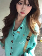 LIZAKOSHT  -  Chic Button Knit Cardigan Women Long Sleeve Sweet Casual Preppy Korean Sweater Female Harajuku Loose Lazy Wind Student Outwear