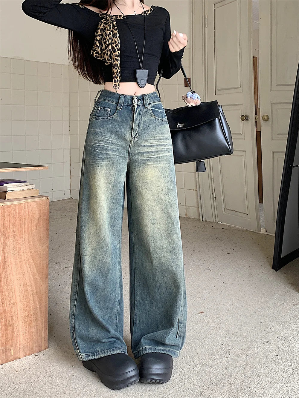 LIZAKOSHT  -  Women y2k Vintage Baggy Wide Leg Jeans 90s Streetwear Fashionable Denim Distressed Pants for 2000‘s Grunge Retro Clothes