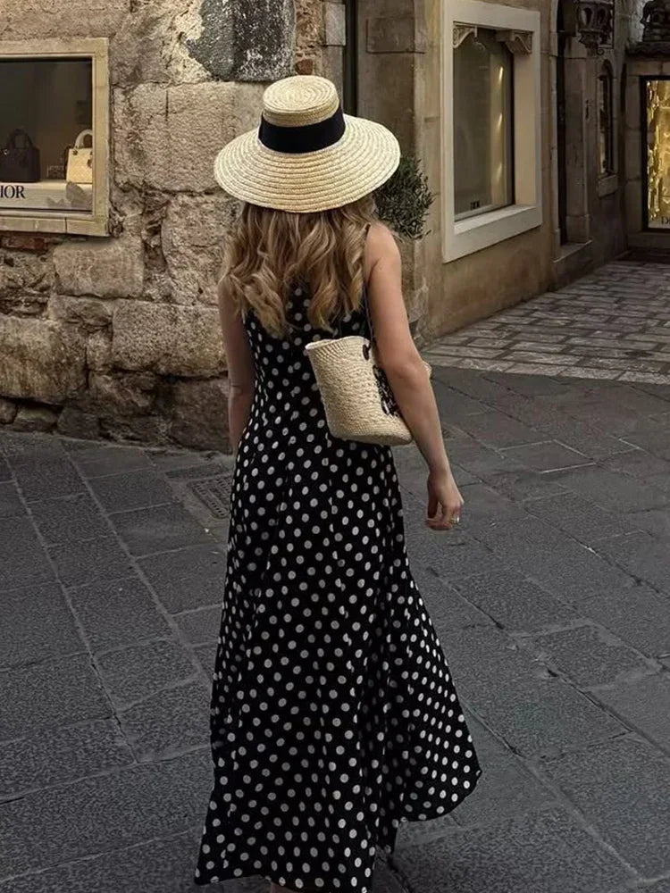 LIZAKOSHT  -  Polka Dot Printed Long Dress Women Summer O Neck Sleeveless Black Dress Elegant Maxi A-line New in Vestidos Spring Dress