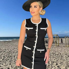 LIZAKOSHT  -  Luxury Design Button Black Mini Dress Women Summer Dresses O-neck Sleeveless Sexy Slim Evening Party Gowns Office Lady Dresses