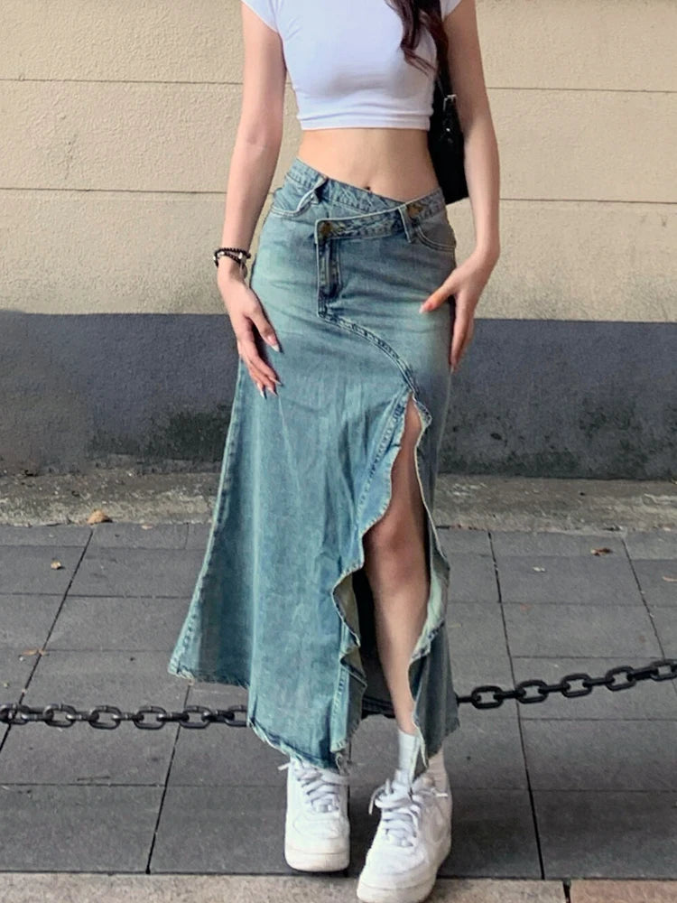 LIZAKOSHT  -  Women High Waist Pleated Ruffled Blue Denim Skirts Women Slim Hip Mermaid Skirt Woman Chic Skirts Femme Autumn Winter