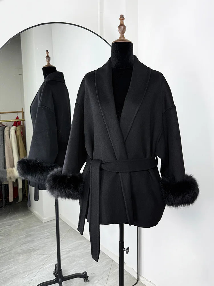 LIZAKOSHT  -  Fox Fur Woolen Women's 2025 Autumn Coat Fashion Patchwork Double-Sided Wool Overcoat Commuter New Elegant Office Jacket