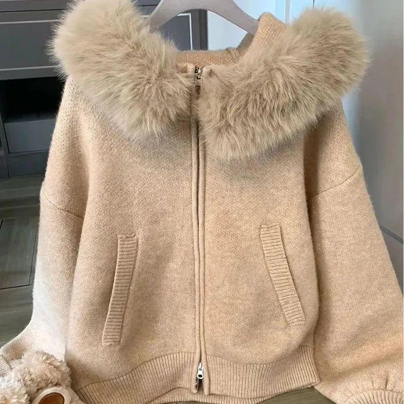 LIZAKOSHT  -  Women Hooded Crop Knitted Cardigan Autumn Winter Loose Lazy Wind Casual Sweater Fur Collar Patchwork Soft Female Preppy Outwear