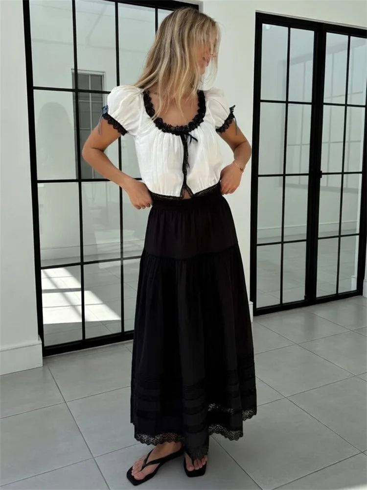 LIZAKOSHT  -  White High Waist Lace Long Skirt Female Pleated Casual Basic Summer Solid Loose Elegant Maix Skirt Women's Clothes Femme